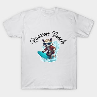 Raccoon Surfing - Raccoon Beach (Black Lettering) T-Shirt